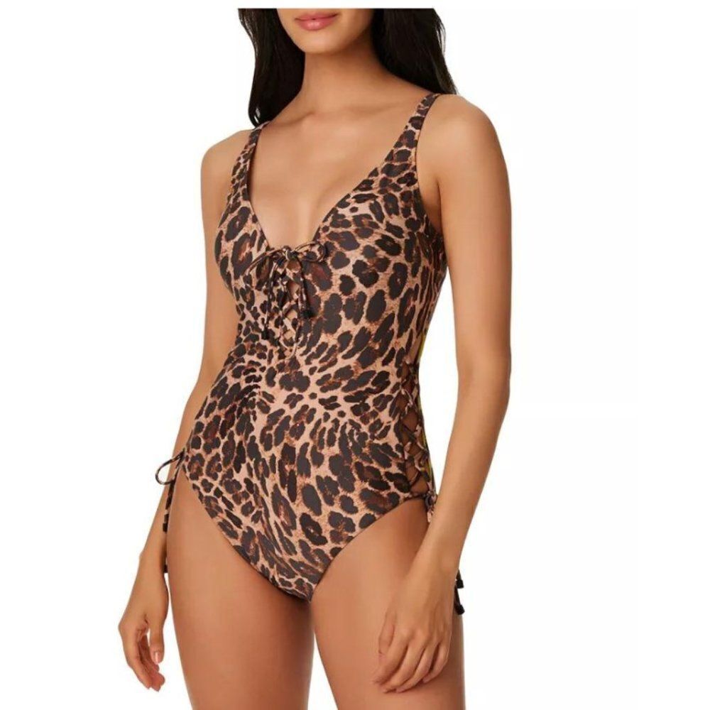 Bar lll Women's Beach Cheetah Lace-Up One-Piece Swimsuit, for Macy's Sz …